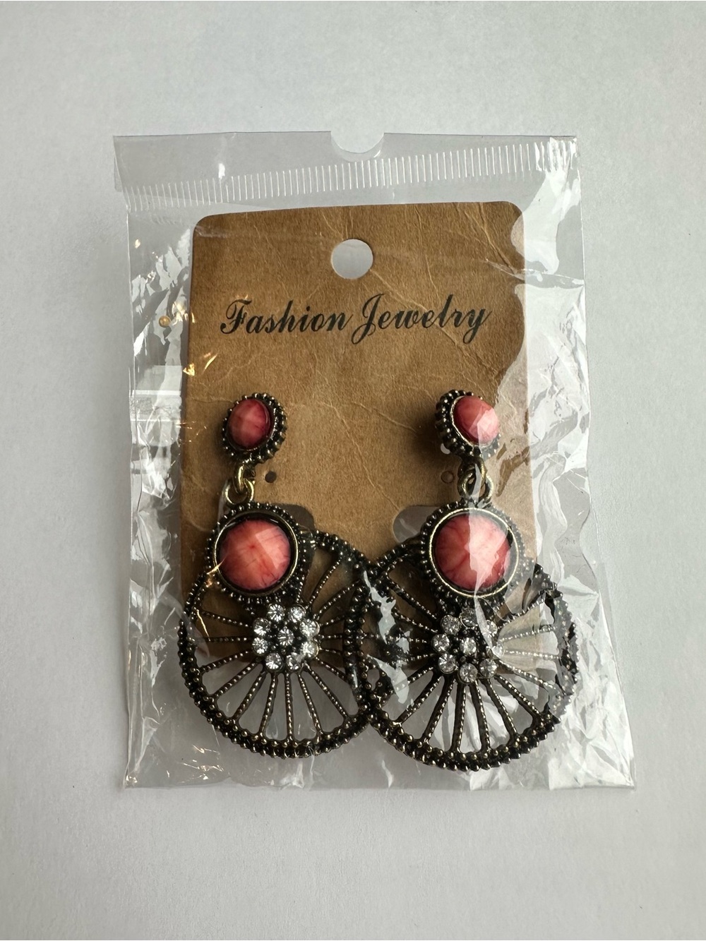 Pink Stone and Crystal Drop Earrings - Women Jewelry new - Picture 3 of 4
